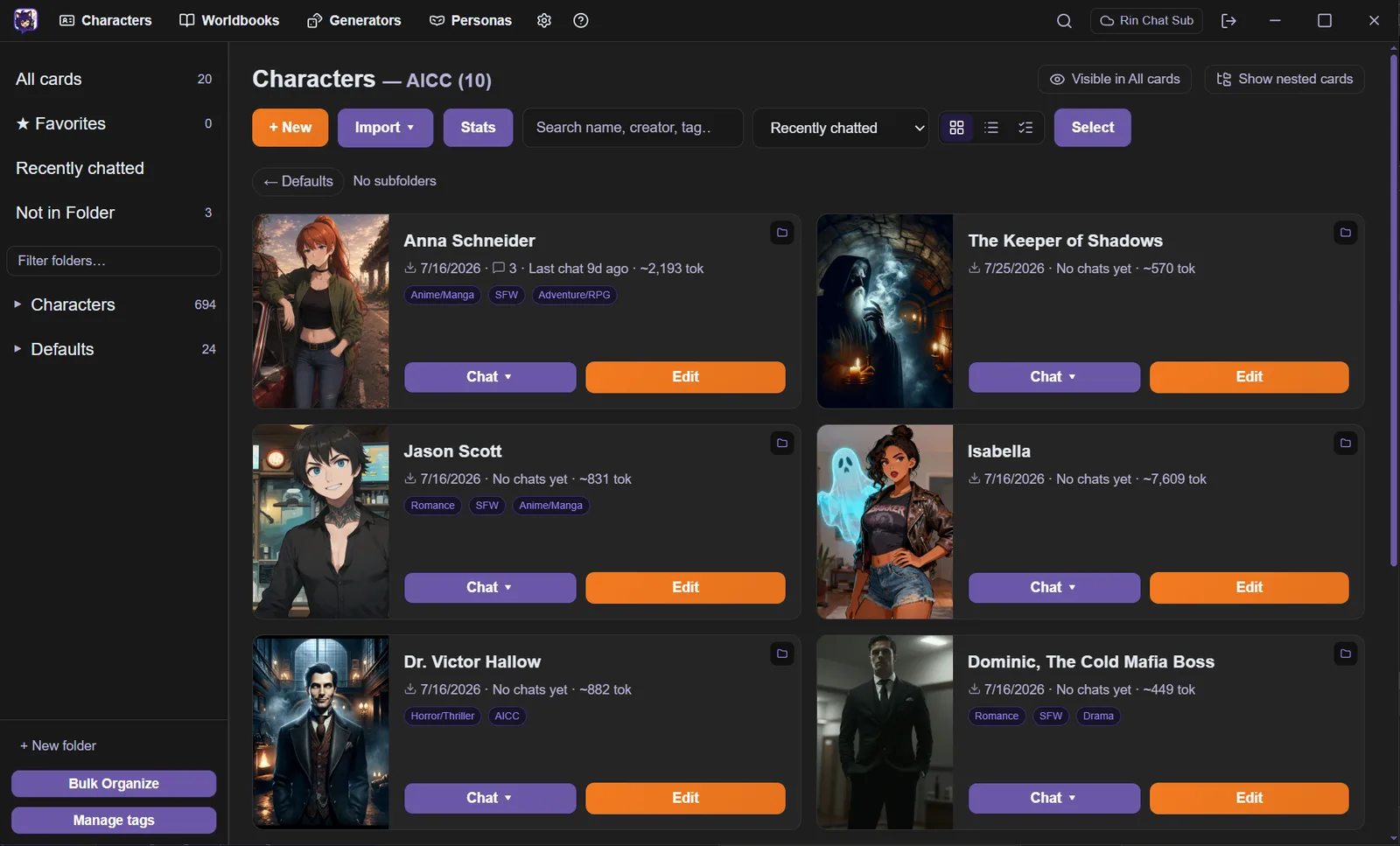The Rin Chat character library, showing a grid of character cards with portraits, tags, token counts and Chat and Edit buttons, beside a folder sidebar.