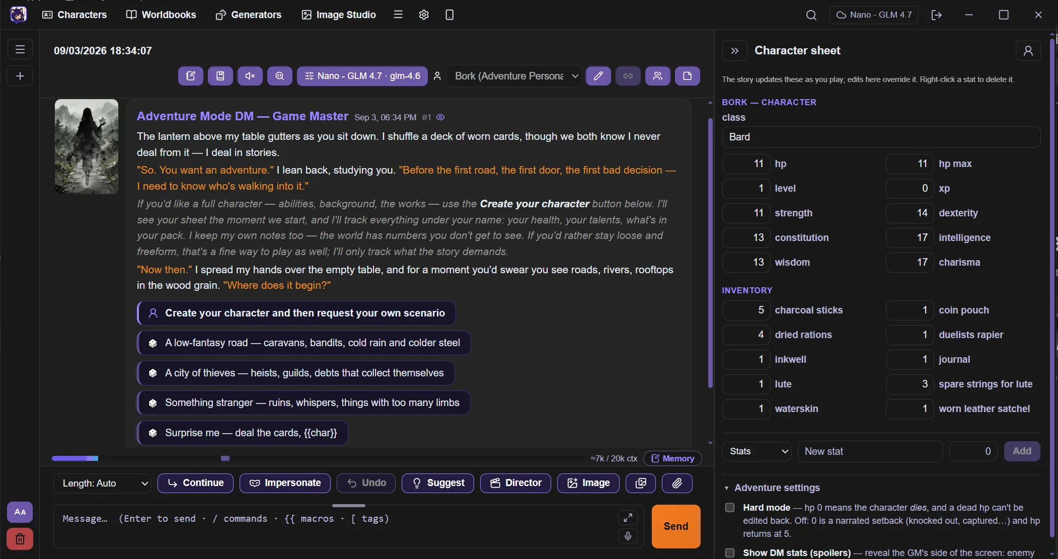 An adventure-mode chat. A game master opens the scene and offers five clickable choices below the reply, while a character sheet panel on the right shows class, hit points, level, experience, six ability scores and an inventory list.