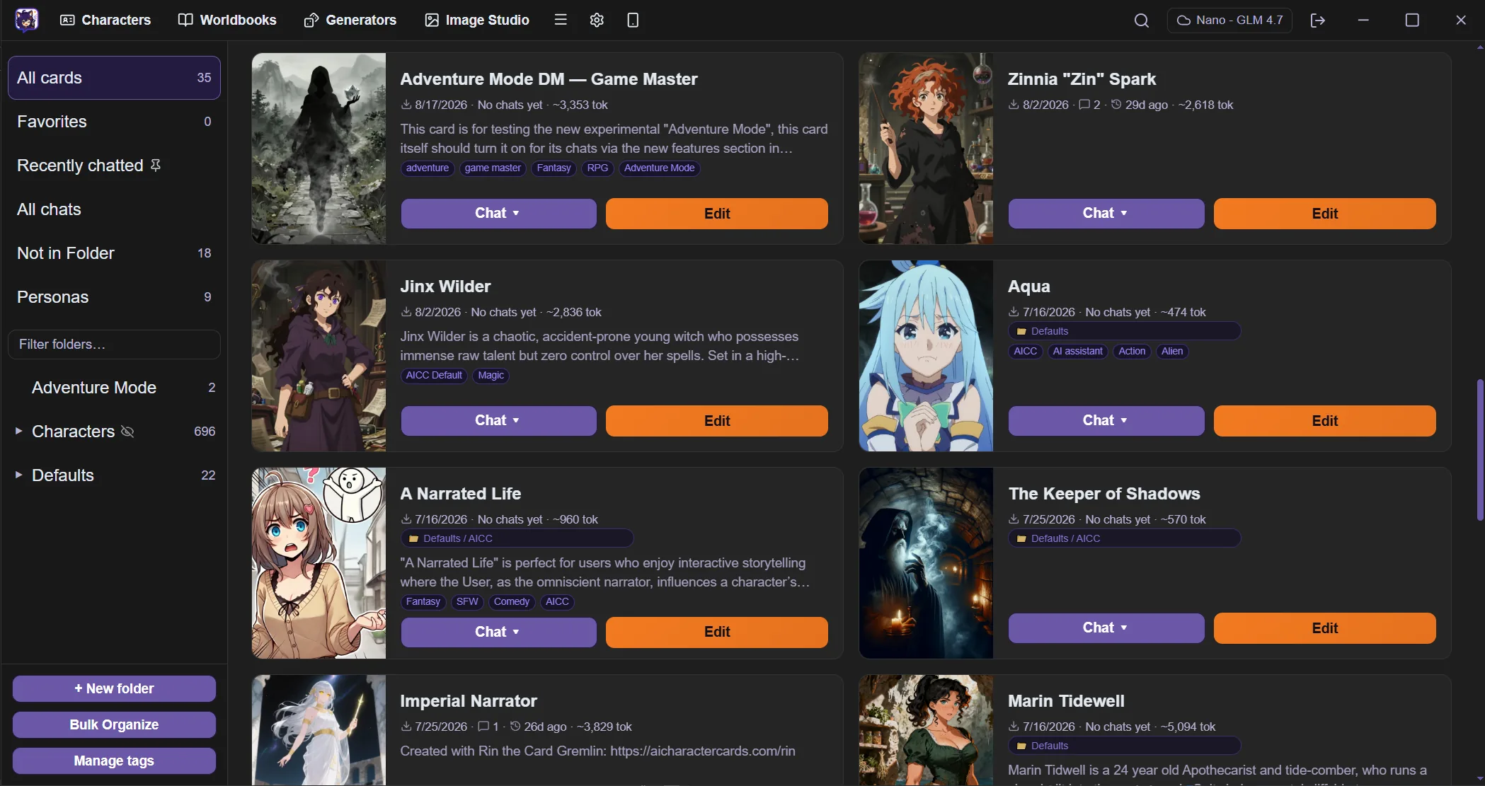 The Rin Chat character library: a two-column grid of character cards with portraits, descriptions, tags and token counts, each with Chat and Edit buttons, beside a sidebar of folders, favourites and personas.
