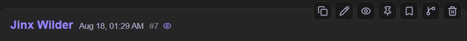 A reply's header showing the speaker, timestamp, message number and context icon, with the hover action row: copy, edit, exclude, pin, bookmark, branch and delete.